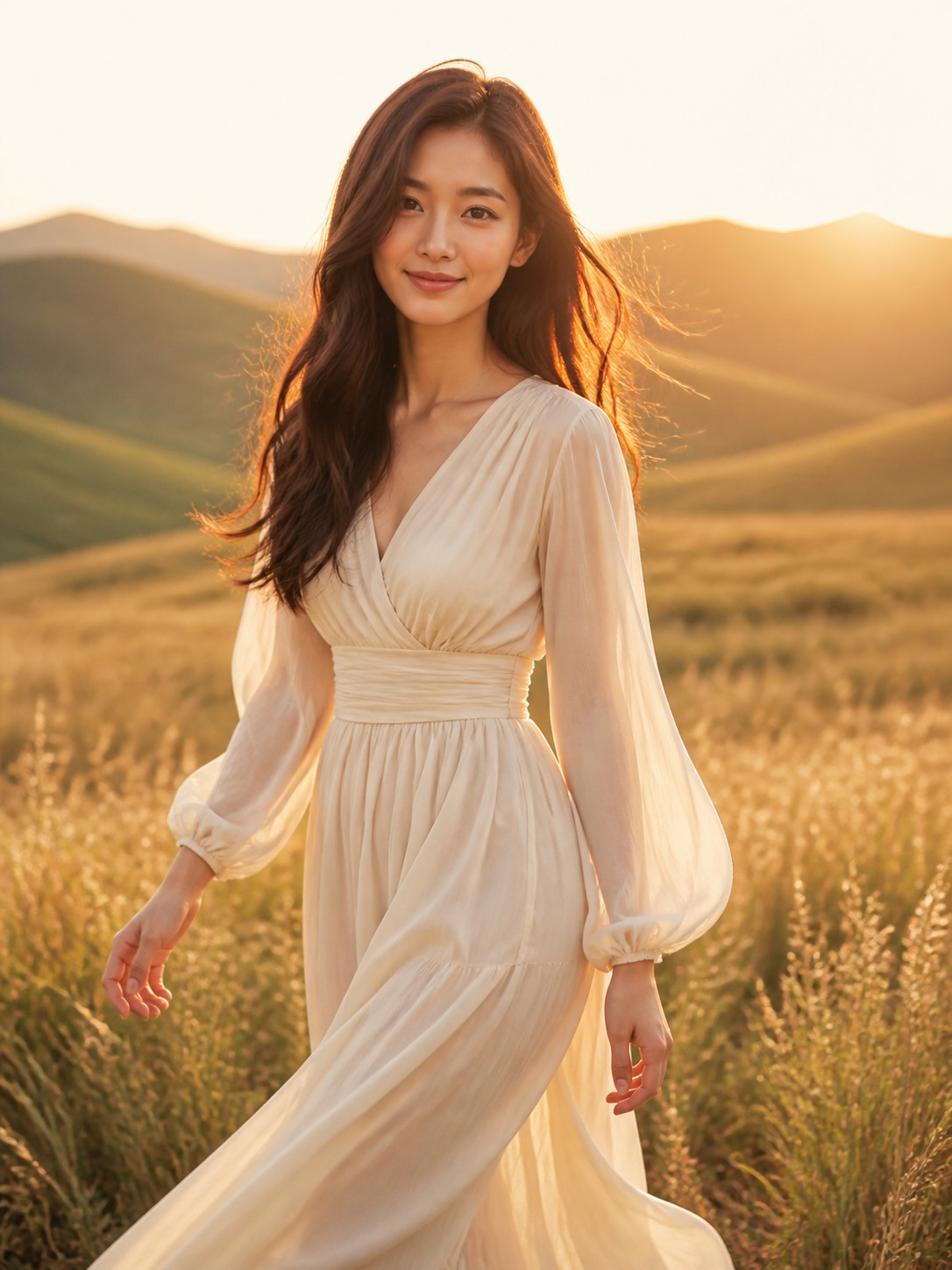 落日草原写真